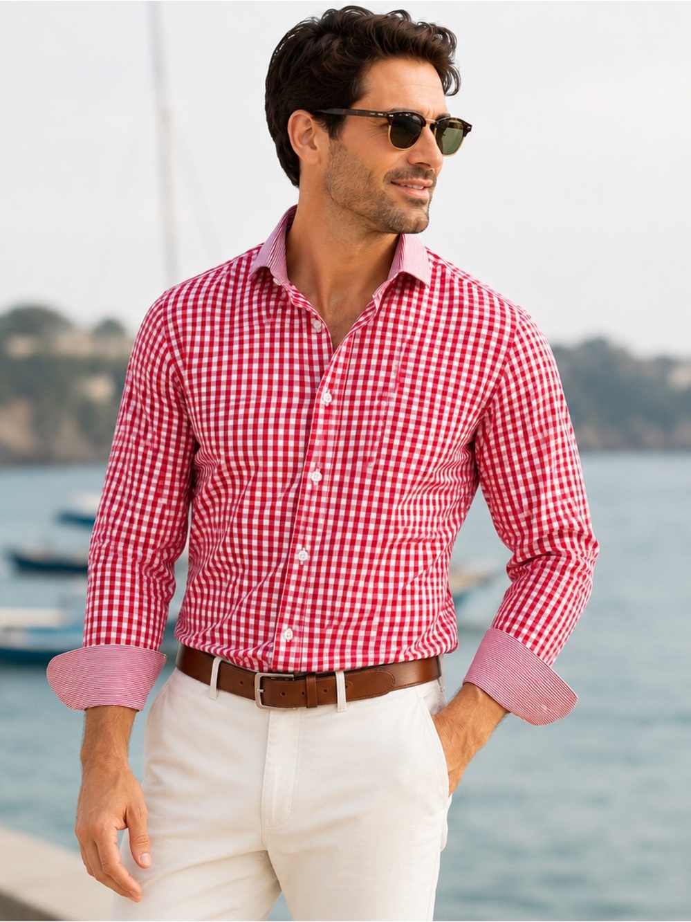 Men's Red Gingham Button-Down Casual Shirt